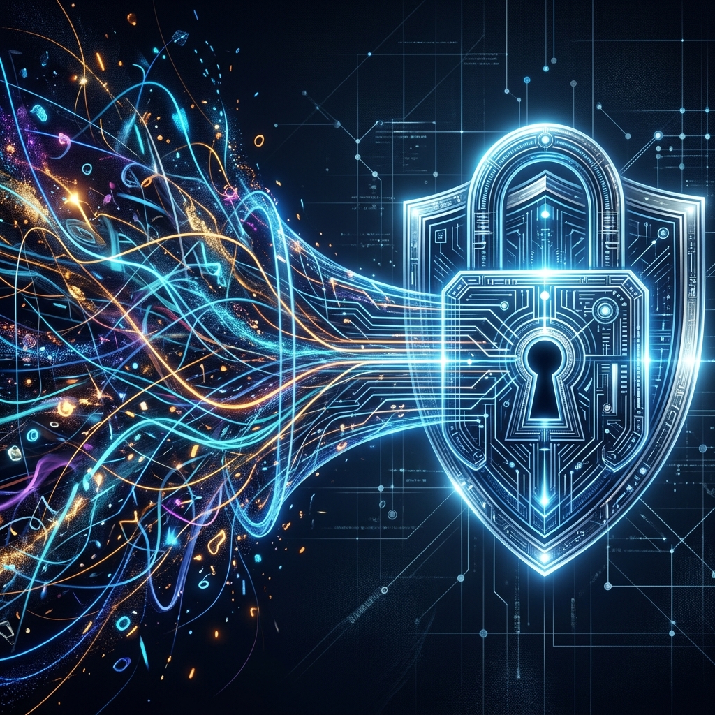 Abstract digital art of chaotic lines funneled into a secure lock