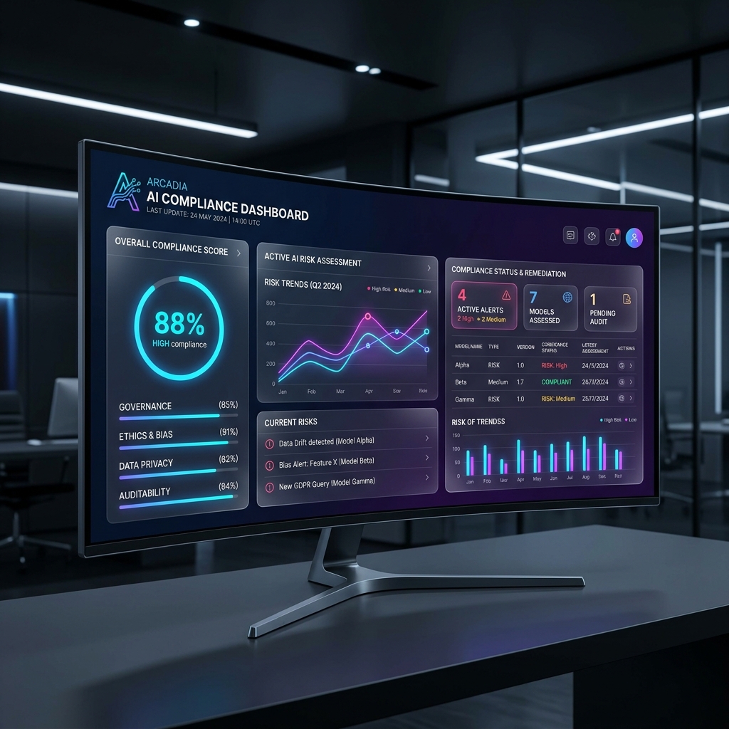 Futuristic enterprise dashboard UI showing AI compliance metrics
