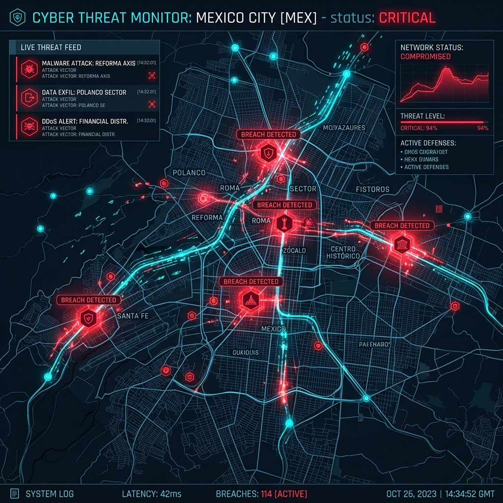 Map of Mexico City with cyber breach overlay